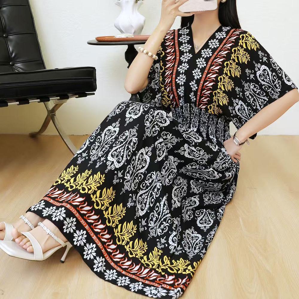 26-Year Floral V-Neck Cotton Silk Batwing Sleeve Beach Dress - Thailand Travel & Vacation Skirt Style