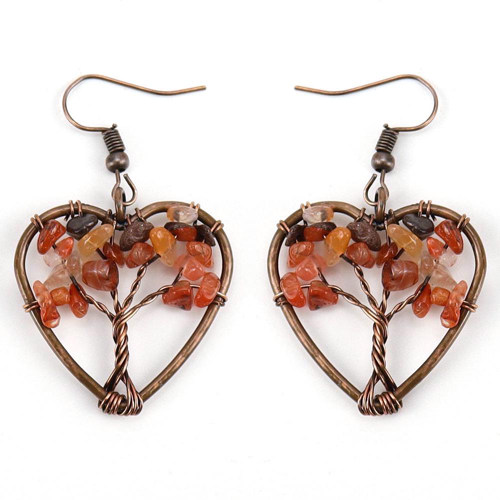Handmade Heart-Shaped Tree of Life Earrings with Crushed Agate & Amethyst Crystals