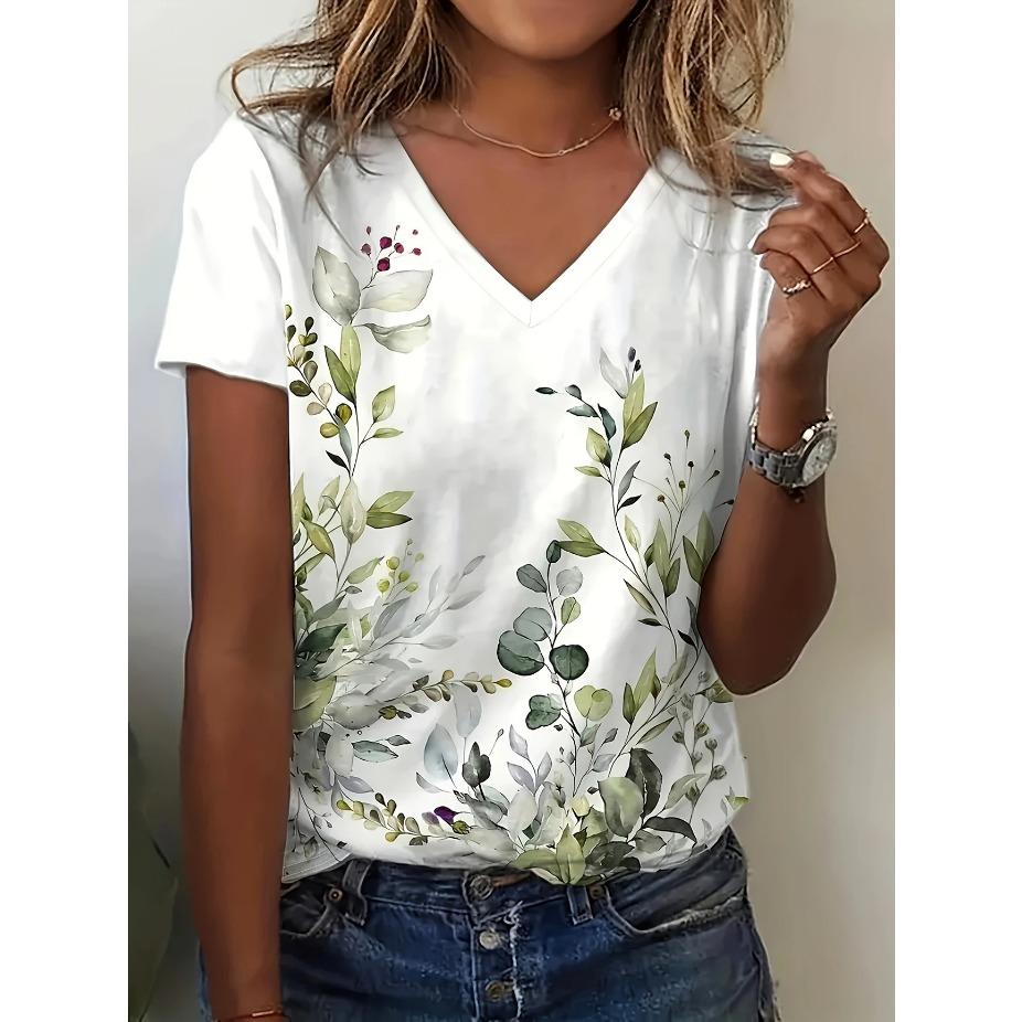 Vibrant Floral Print Short Sleeve V Neck T-Shirt - Women's Leisure T-Shirts for Spring & Summer - Comfortable,