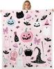 Pink Halloween Fleece Blanket Baby Cartoon Cute Halloween Decorations Sherpa Blanket Pumpkin Ghost Witch Hats Fuzzy Plush Throw
