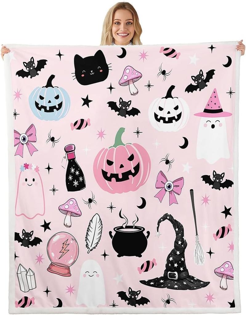 GUOYU Decke Happy Halloween Fleece-Decke Baby Kürbis Geist Feiertags Sherpa-Decke Gotische Fledermäuse Florale Pflanzen Flauschige Plüschdecke für Kinder