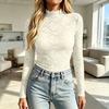 Blusa da Donna alla Moda in Pizzo Trasparente a Rete con Maniche Lunghe per Uscire