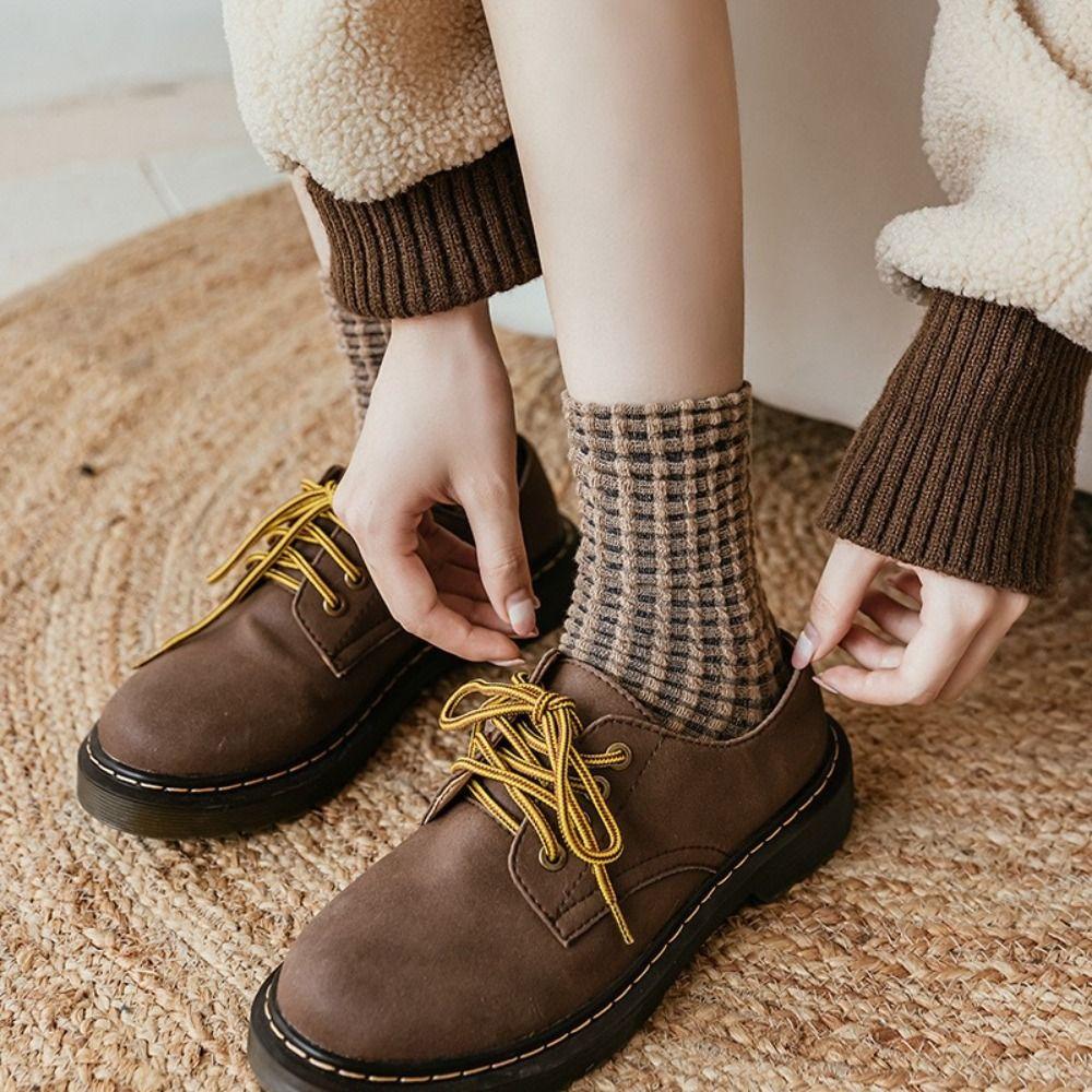 5Pairs Breathable Checkered Cotton Socks Patchwork Grids Socks Sweet Women Tube Sock  Slippers