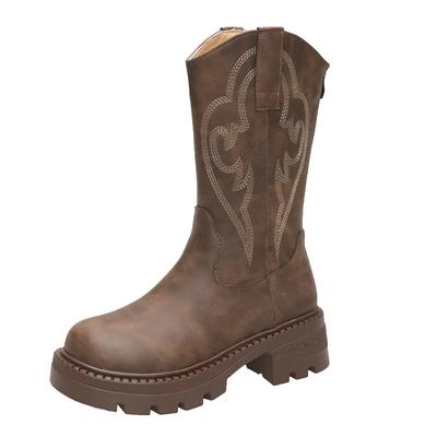 Retro Embroidered Chunky Platform Ankle Boots Women  Winter Leather PU Zip Design Boots for Women Non-Slip Mid Cowboy Boots