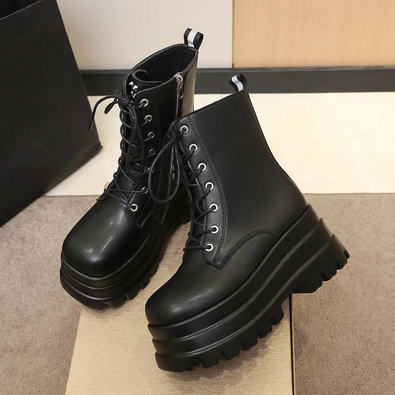 New Sexy Chain Women Leather Autumn Boots Block Heel Gothic Black Punk Style 8.5CM Platform Shoes Female Footwear High Quality
