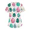 Women's Fashionable V-neck Short-sleeved Work Top With Double Side Slits And Pockets, Featuring Easter Bunny And Egg Prints.