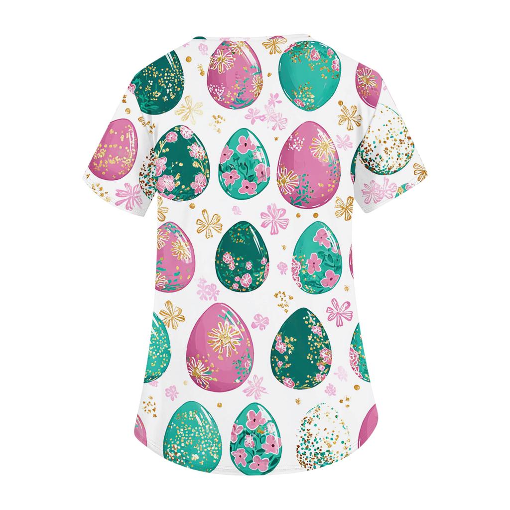 Women's Fashionable V-neck Short-sleeved Work Top With Double Side Slits And Pockets, Featuring Easter Bunny And Egg Prints.