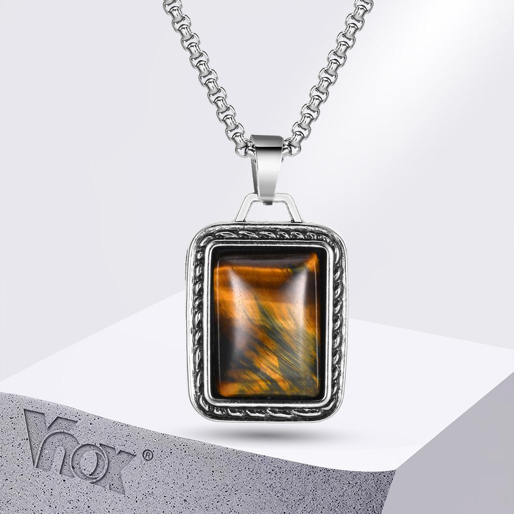 Vnox Geometric Rectangle Tiger Eye Stone Pendant Necklaces with Adjustable Box Chain, Simple Fashion Square Pendant Jewelry