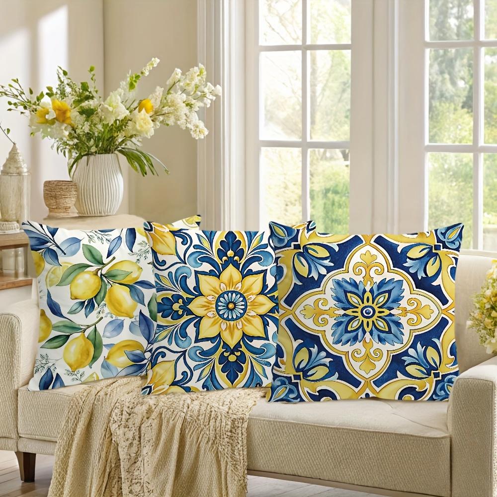 Bohemian Lemon Geometric Pillow Covers Blue Pattern Cushion Covers Zippered For Sofa Living Room Outdoor Home Decor Style