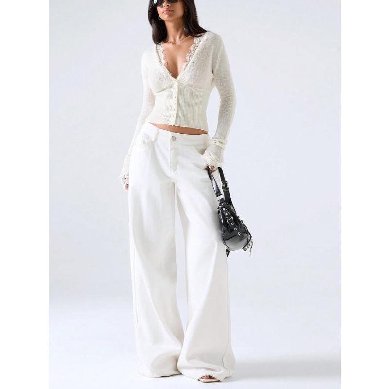 Womens Lace Trim Solid V Neck Long Sleeve Slim Fit Knit Cardigan Top