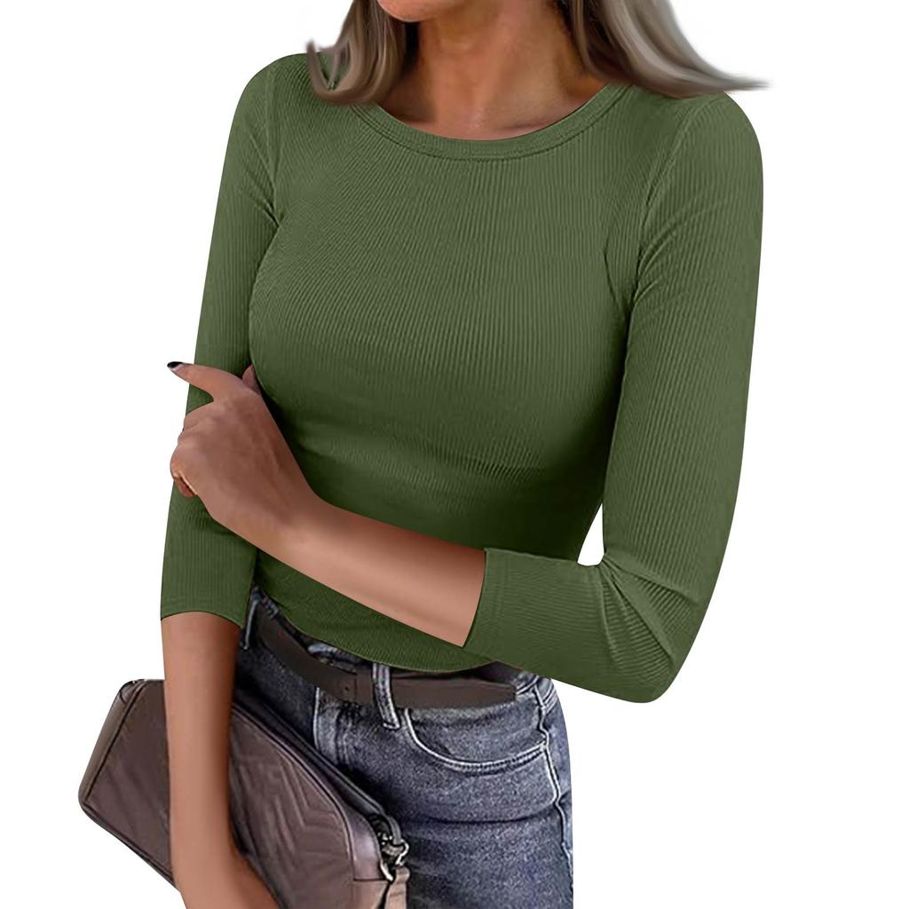 Women's Slim Bottom T-shirt Fashion Casual Color Round Neck Pullover 3/4 Sleeve Top