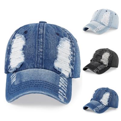 Distressed Denim Baseball Cap Unisex Adjustable Casual Dad Hat Vintage Style with Frayed Detailing for Outdoor Activities
