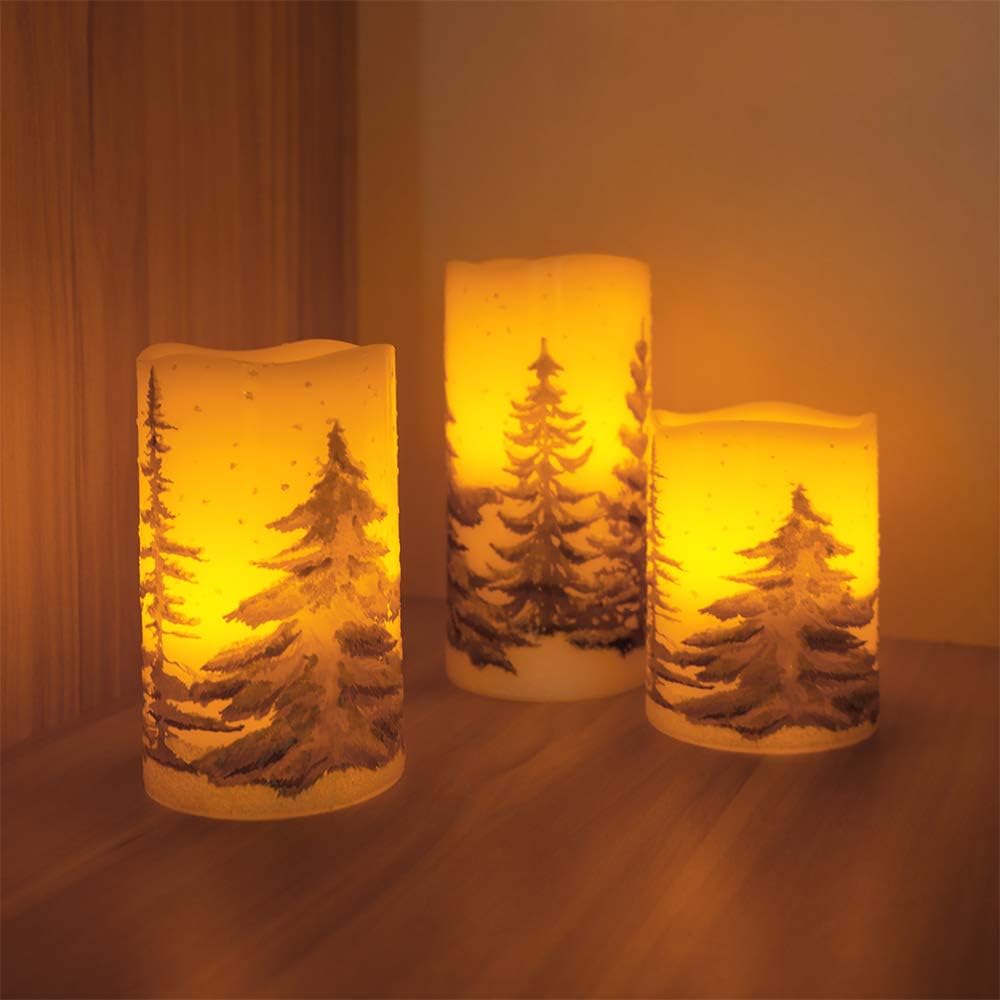 Wondise Flickering Flameless Pillar Candles with Timer, Battery Operated Real Wax Warm Light Christmas Tree Pine Tree Decal Candle for Home