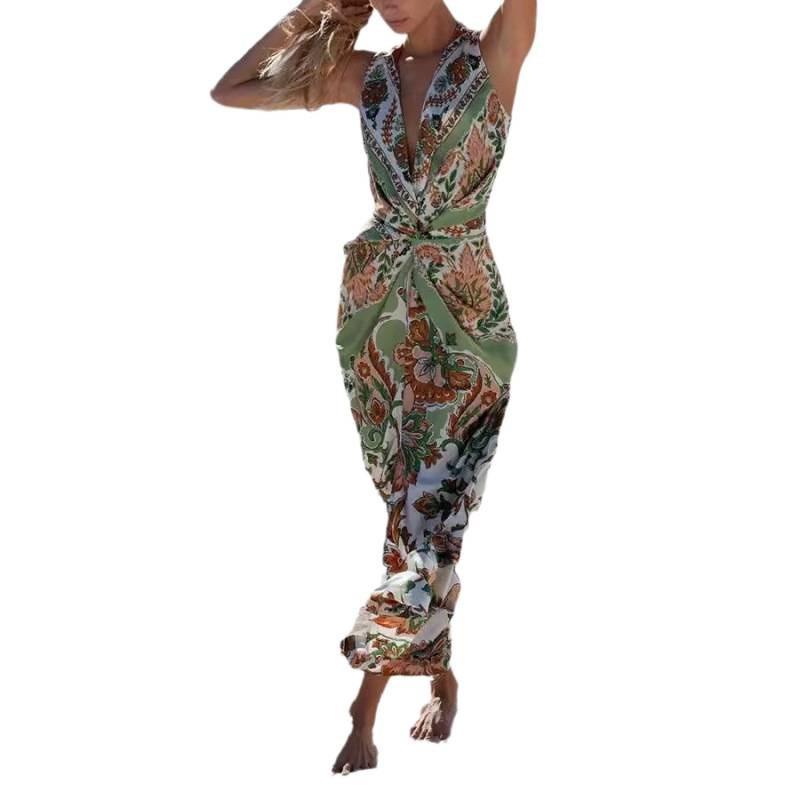 Elegant V-Neck Printed Satin Slim Fit Sleeveless Split Hem Maxi Dress Women