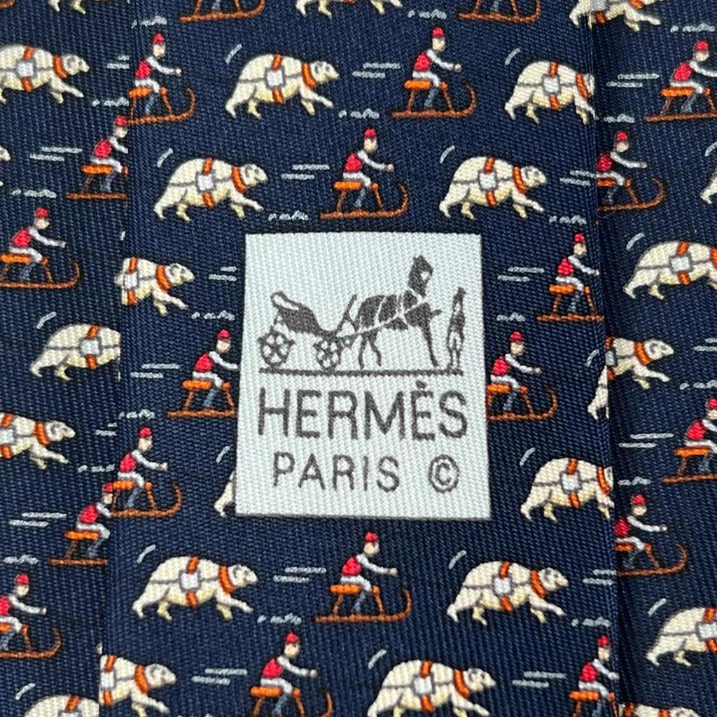 Excellent HERMES Tie Riding Pattern Navy Blue Silk Mens 5658 EA Used
