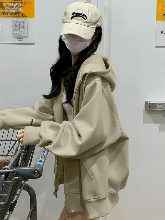 2025 Nová růžová mikina s kapucí a kardigan v korejském stylu pro ženy - Lehká, volný střih pro raný podzim/jaro