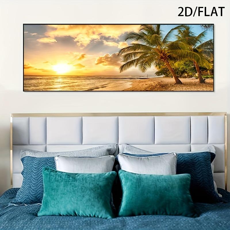 Modern Coastal Palm Tree Sunset Ocean Oil Painting Canvas Wall Art, Horizontal Beach Scene with Tropical Sunset & Palm Trees, Decor for Living Room 20x60cm