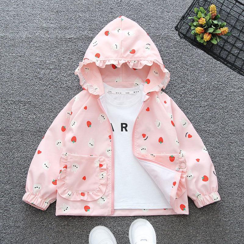 Adorable Spring Autumn Jackets Girls with All - Over Strawberry and Rabbit Prints