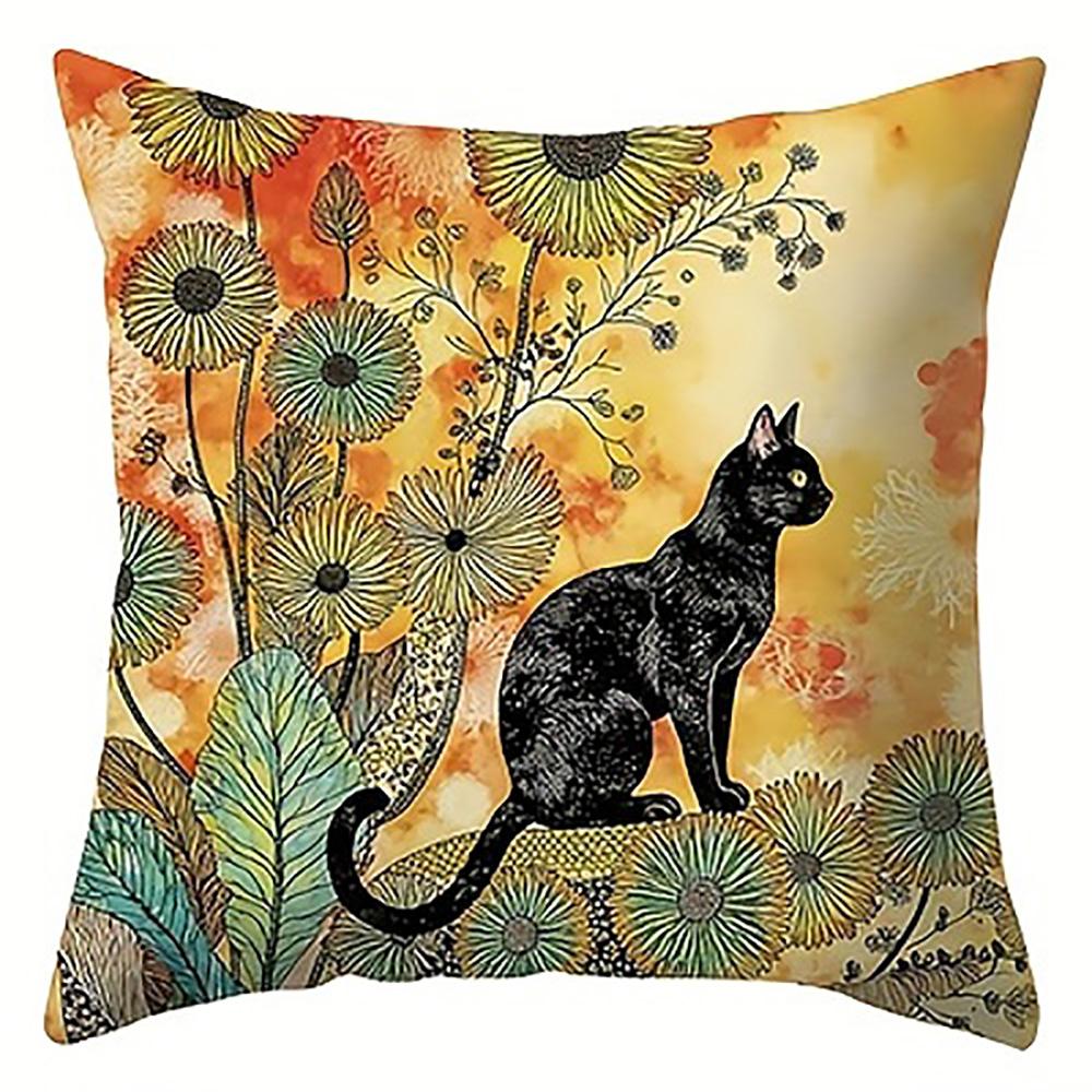 1/4pcs Black Cat & Floral Leaf Print Pillowcases Sofa cushion cover home bedroom room decoration