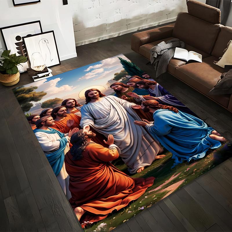 Religious Scene with Figures in Robes Non-slip rug suitable for living room and bedroom sofas.