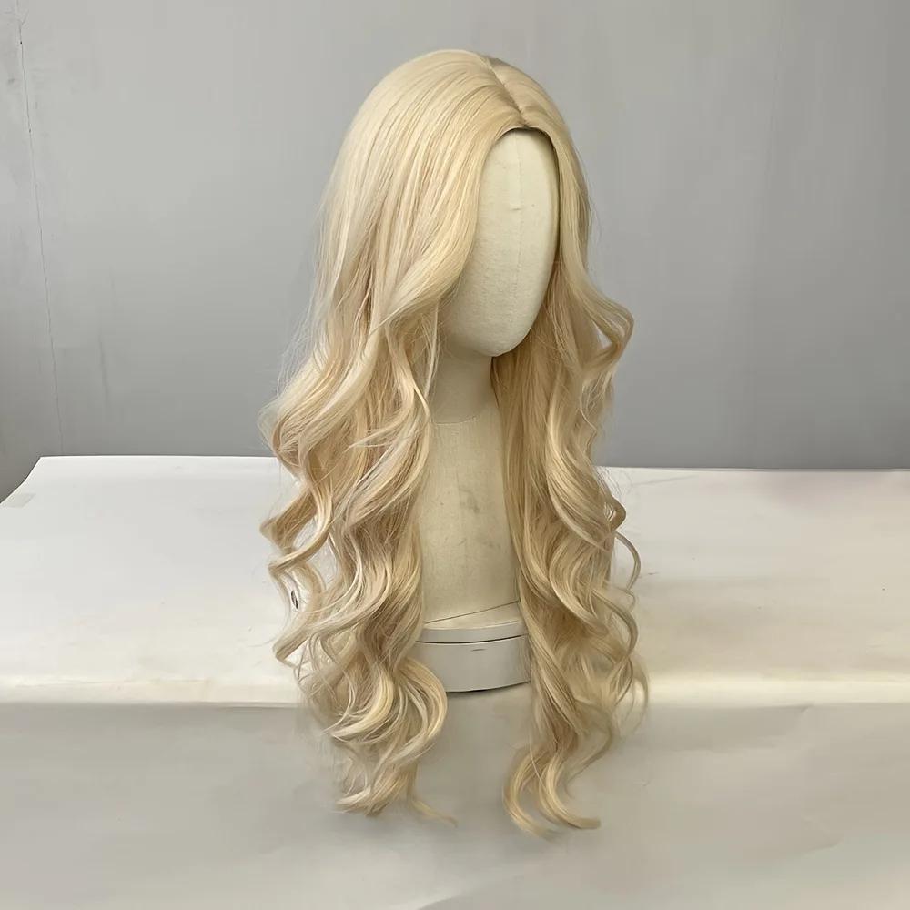 Golden curly synthetic wig for long curly hair for party, Halloween cosplay, daily use, high-temperature hair accessory
