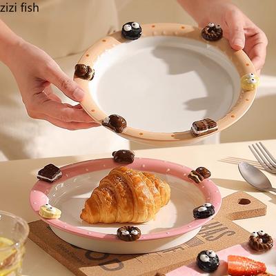 Relief Biscuit Dessert Plate Dim Sum Dish Ceramic Hand-painted Underglaze Color Bread Dish Salad Fruit Dish Ceramic Dining Plate