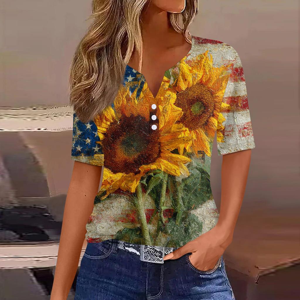 Women's T Shirt Independence Day Print Button Short Sleeve Daily Weekend Fashion Basic V- Neck Regular Top