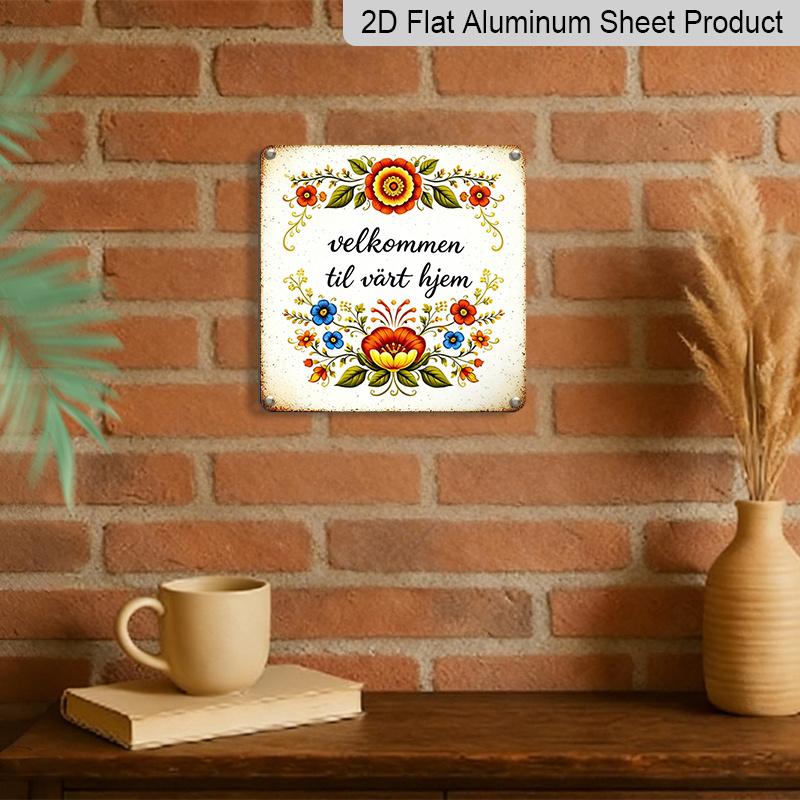 2D Flat, 1pc Scandinavian Folk Art Aluminum Welcome Sign - Retro Nordic Wall-Mounted Floral & Suitable for Entrance, Porch, Garden - Seasonal Holiday