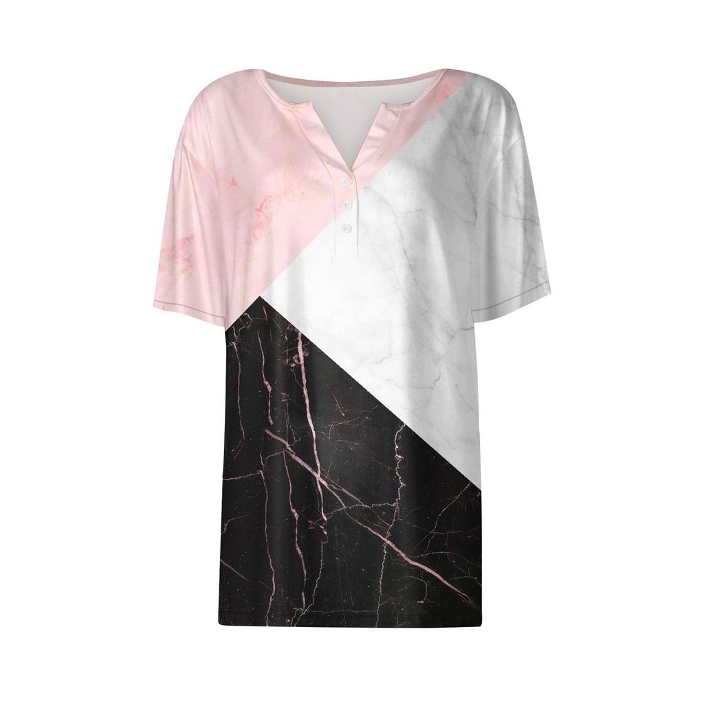 Women Casual Vintage Patchwork Print V Neck Short Sleeve T Shirt Top with Decorative Buttons Lightweight Soft Fabric