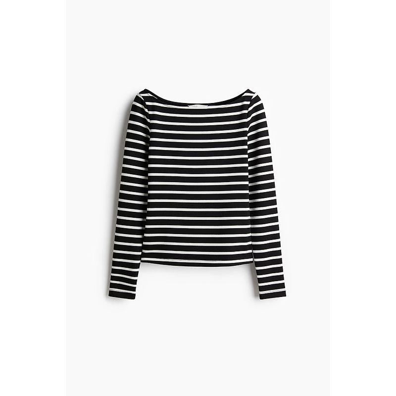 

HM Women s T-shirt Fall 2025 New Arrival off-Neck Slim Looking Temperament Leisure Long Sleeve Pullover Top 1267582 Black/White Stripes 170/104(L)