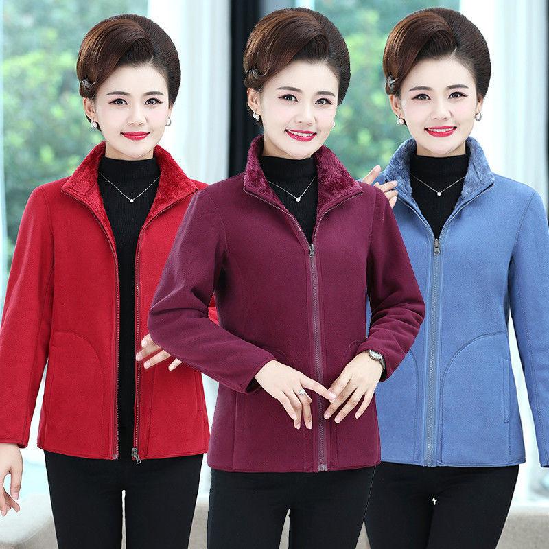 Polarový fleece Dámská nadměrná velikost Dámské středního věku a starší Zimní oblečení Plus Samet Volná Oboustranná bunda