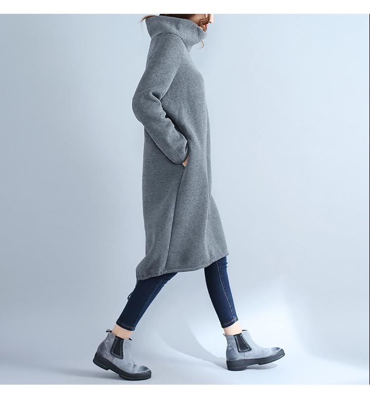 Vestido de Algodón y Lino con Forro Polar de Talla Grande Estilo Étnico 2017 con Cuello Alto