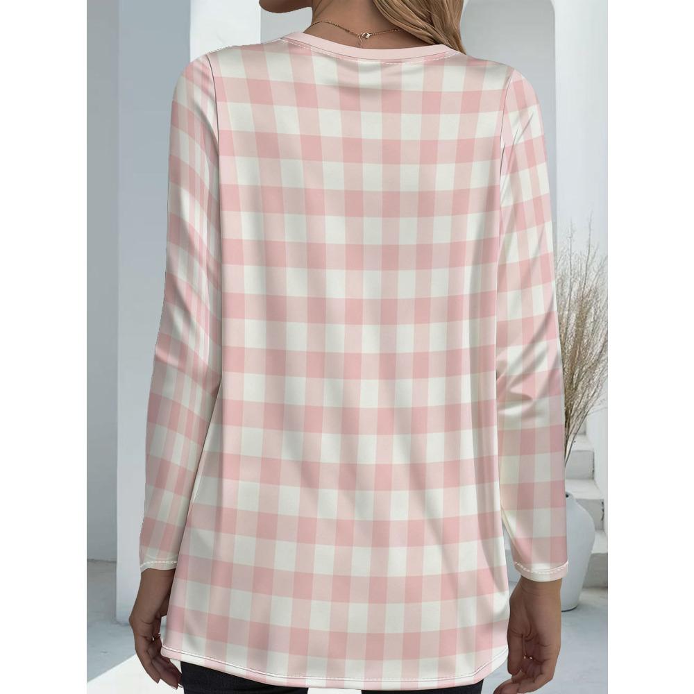 Women's Plus Size Pink Plaid Long Sleeve Loose Top with Pocket, Women's Versatile Casual T-Shirt