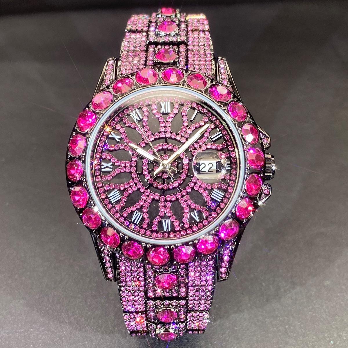 Luxury Alloy Full Diamond Watches Big Rhinestone Bezel Men s Quartz Watch with Calendar and Hip Hop Wristwatch красный