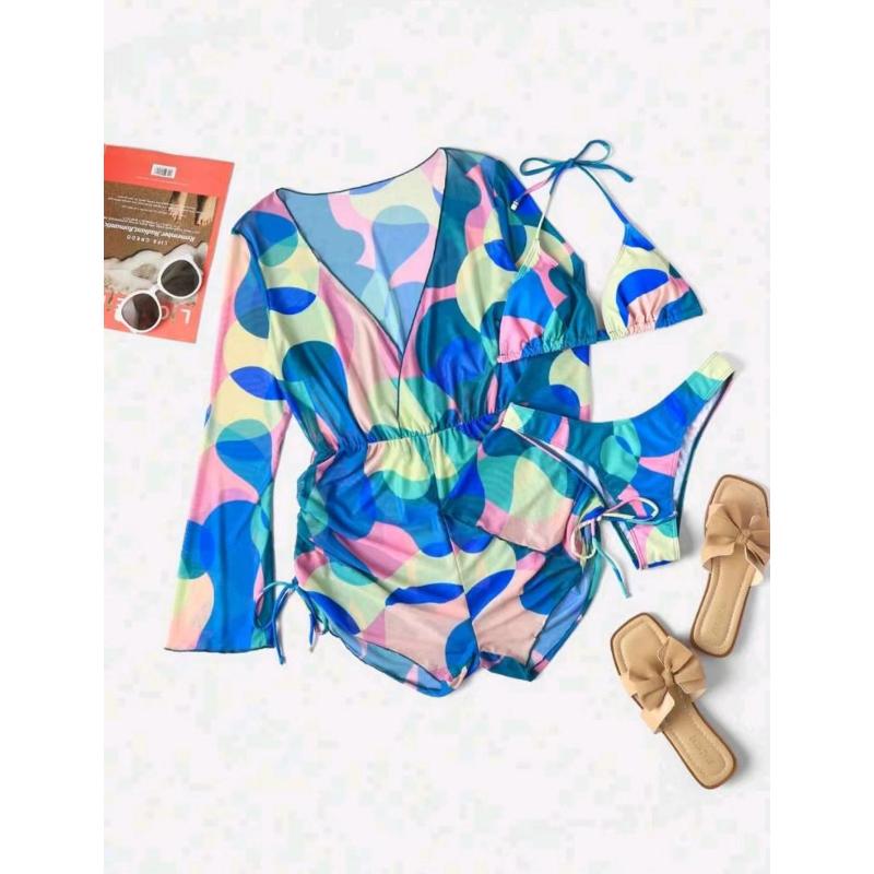 3 Piece Sexy Bikini Set Long Sleeve Sheer Mesh Cover Up Colorful Print Deep V Summer Beach Vacation Bathing Suit Swimwear