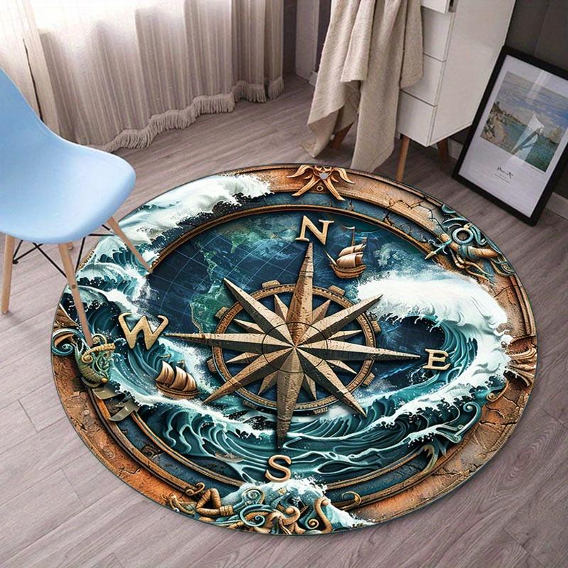

Compass Ocean Waves Round Rug Crystal Velvet Nautical Theme Map Design Floor Mat Vintage Sea Adventure Decor Home InteriorCarpet 60cm