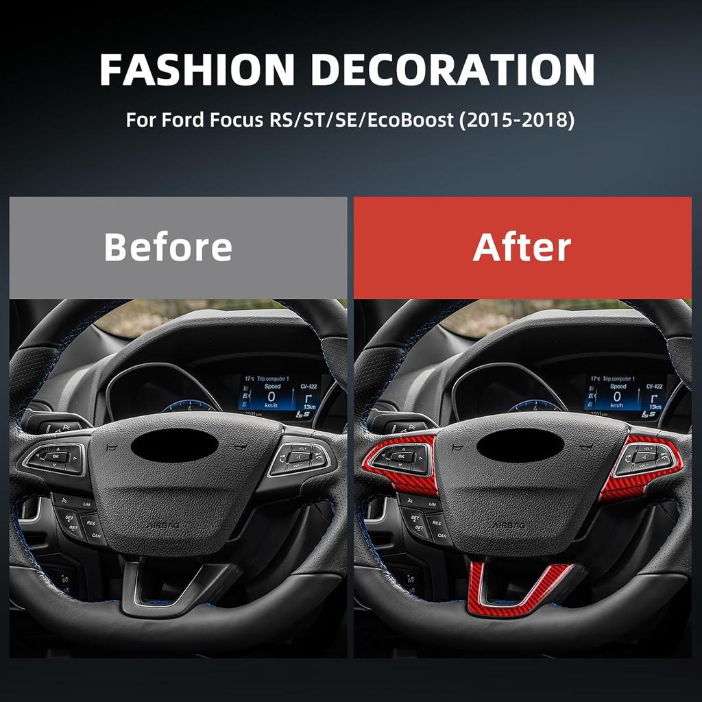 Real Carbon Fiber Steering Wheel, Button Chin Frame Covers for Ford Focus RS/ST/SE/ECO Boost (2015-2018), Decor Stickers Kit Interior Car