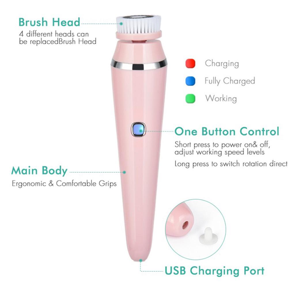 Multifunctional Waterproof Rotating Electric Facial Cleansing & Massage Brush - 4-in-1 Pore Cleaner
