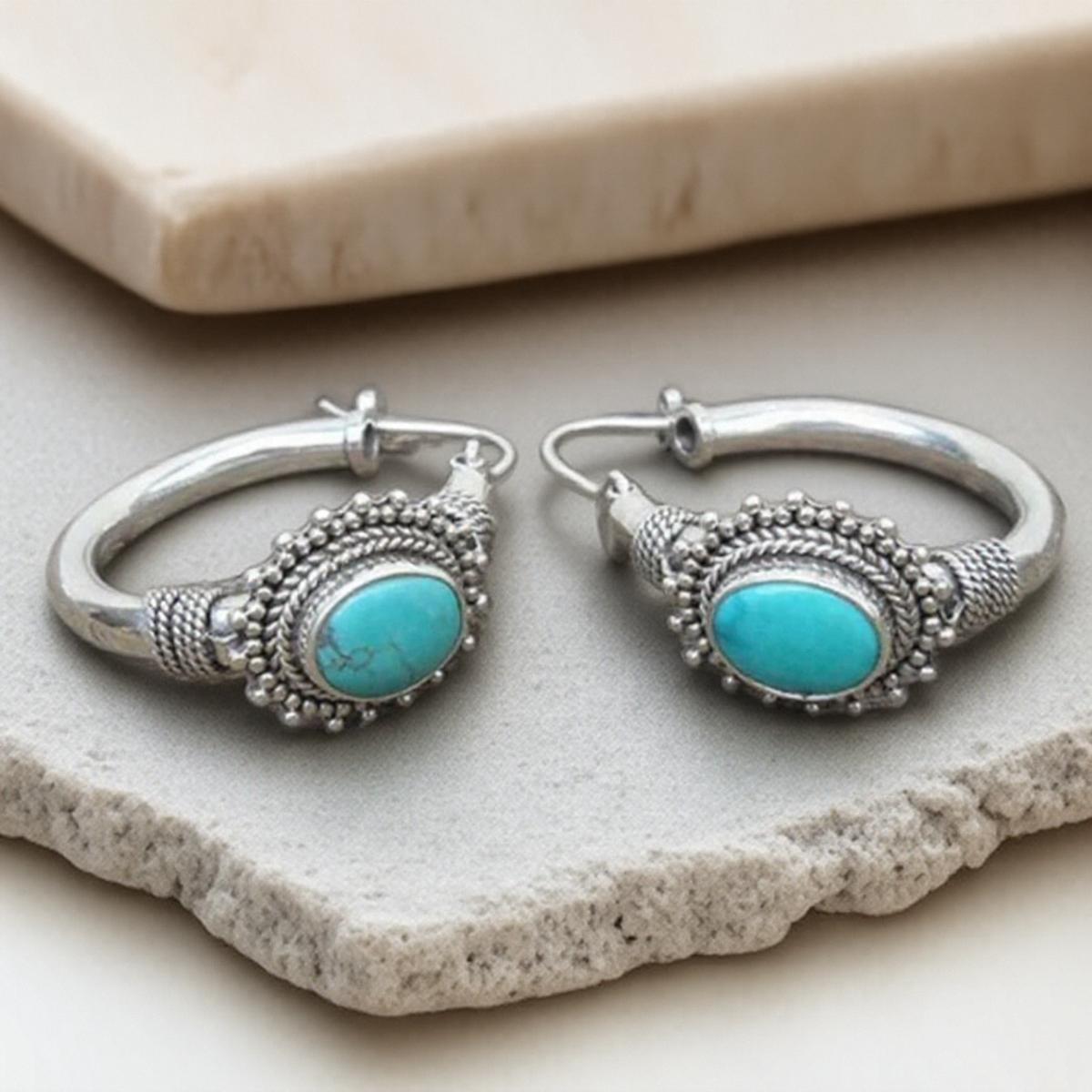 

1 Pair Womens Fashion Turquoise Earrings Bohemian Jewelry Engagement Wedding Earrings Hoop Earrings for Women серебряный