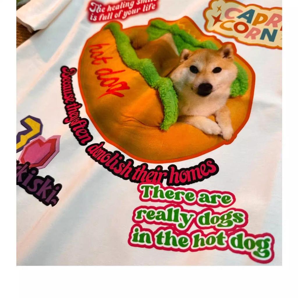 Unisex Retro Hot Dog Print Cotton T-Shirt - Plus Size, Trendy Loose Fit