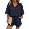 Women's Pajama Set Short Sleeve Striped Printed Two-piece Loungewear  Neck Pajamas Split Shorts Set Soft Sleepwear