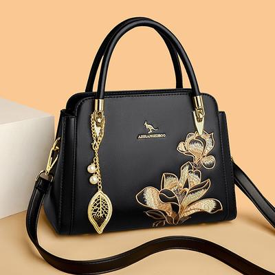Versão da tendência da moda estilo nacional bordado bolsa de ombro único feminina de meia-idade bolsa de mão temperamento elegante