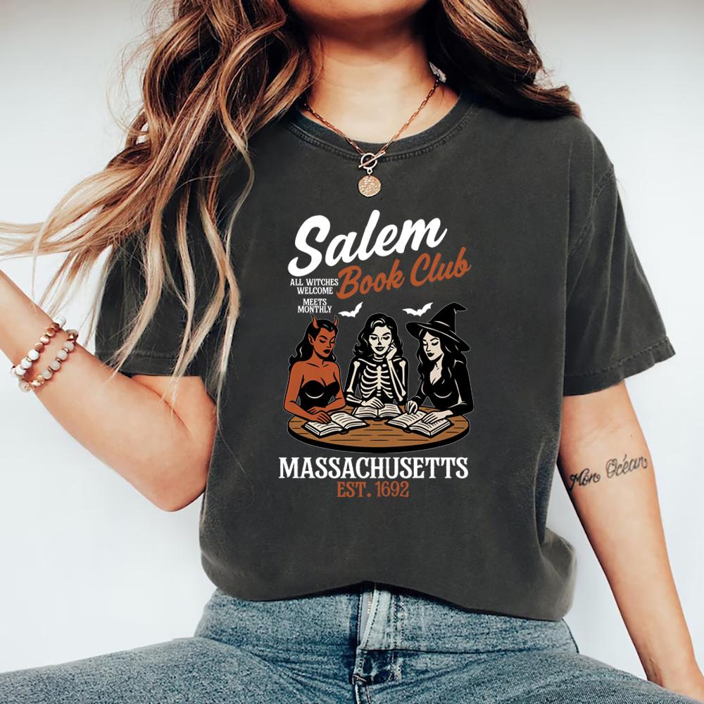Witchy Book Club T-Shirt Spooky Girl Reading Tshirt Book Lover Halloween T-shirt Casual Women Graphic T Shirts Witches Salem Tee
