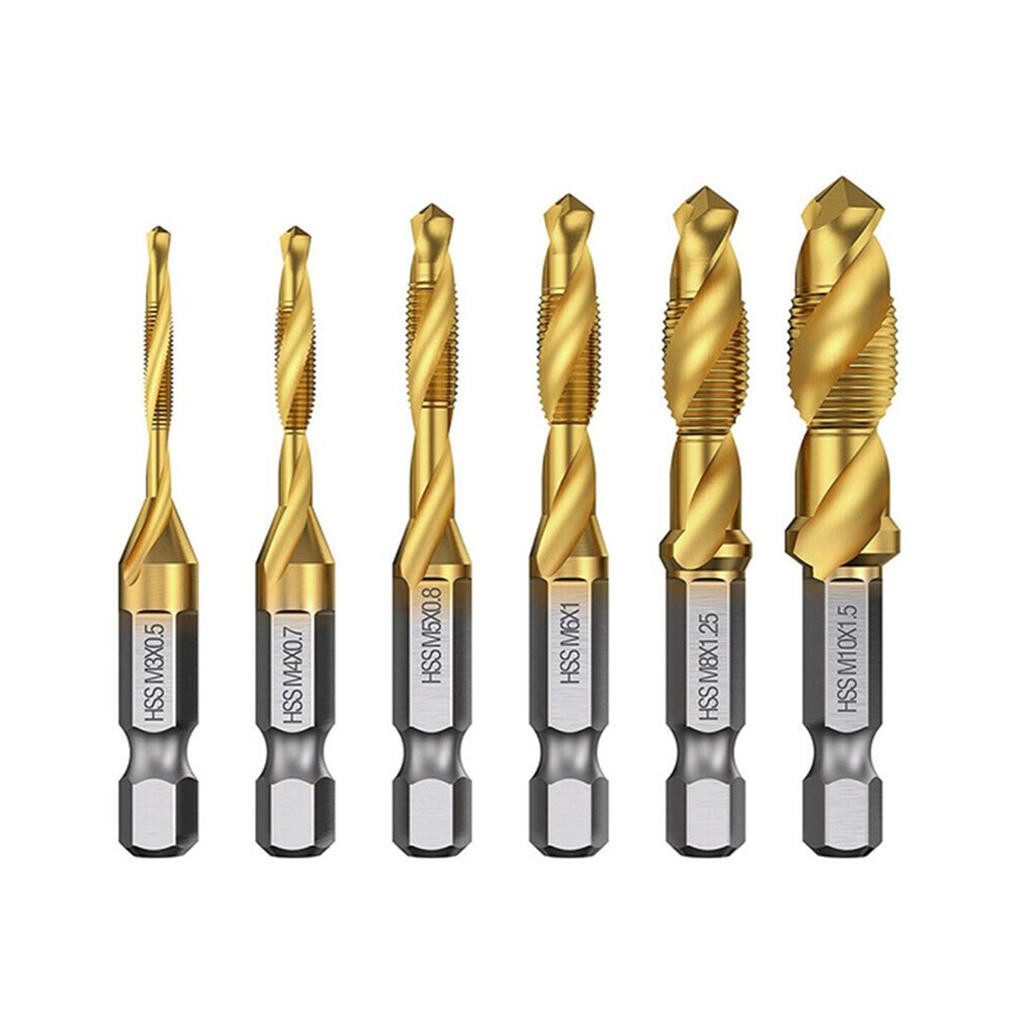 

6 Pieces/set Tap Drill Bits Hex Shank High-speed Steel Screw Thread M3-M10 Combination Woodworking Countersinking Supplies
