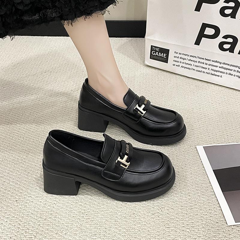 JK small leather shoes women's college style thick heel leather surface metal buckle women's new autumn black single shoes