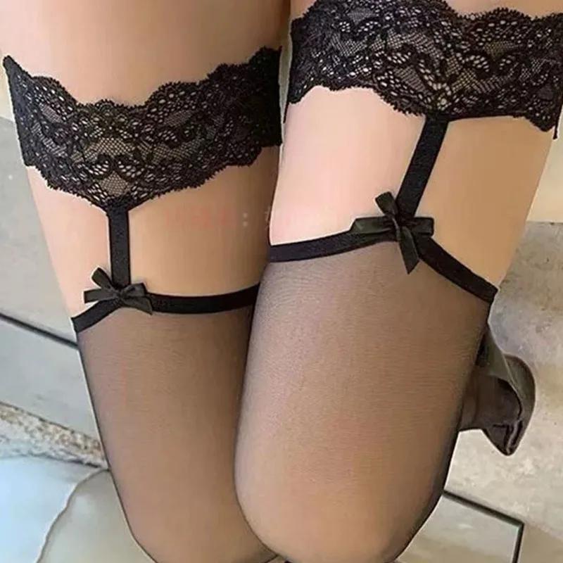 Sexy Lace Stocking Lace Elastic Luxury Black Tights Bows Garters Pantyhose Floral Suspender Garter Belt Ultra-thin Long Socks