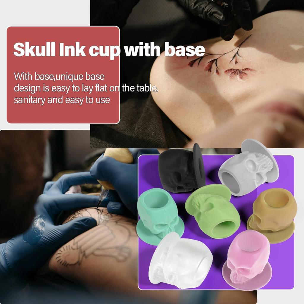 100PCS Tattoo Ink Cup Skull Disposable Silicone Tape Base Plastic Permanent Makeup Tattoo Pigment Cup Tattoo Accessories