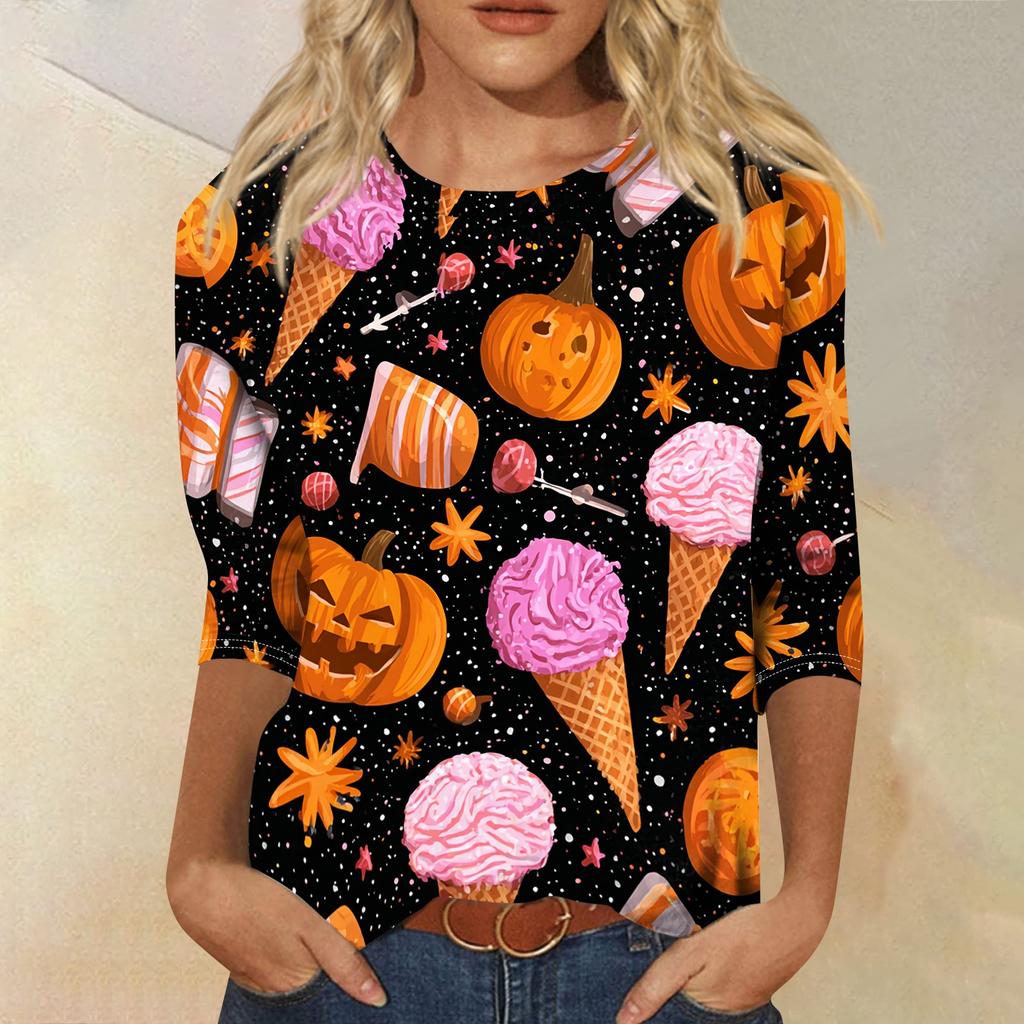 Women's Casual Crew Neck Three Quarter Sleeve Halloween Print T Shirt Top Lightweight Comfortable Fit for Everyday Wear