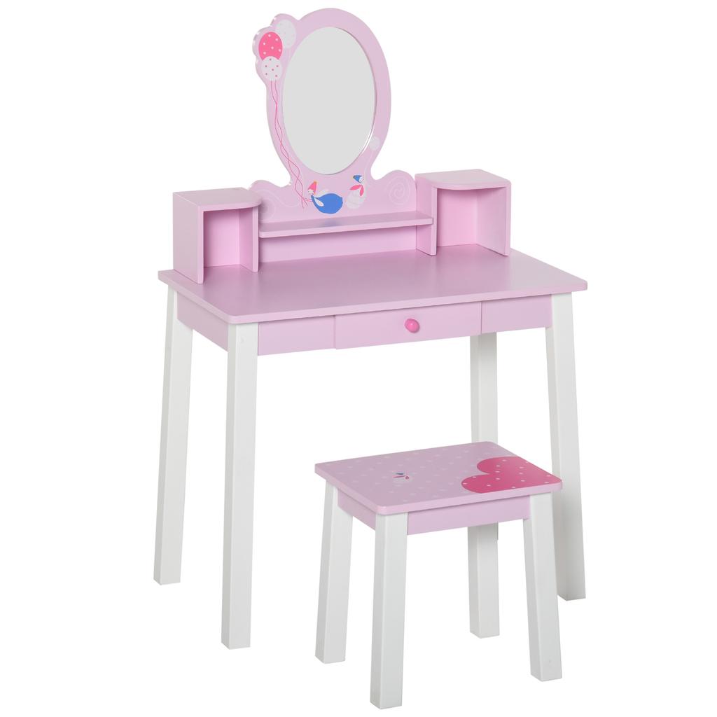 Kids Wooden Dressing Table and Stool Make Up Desk (Pink)