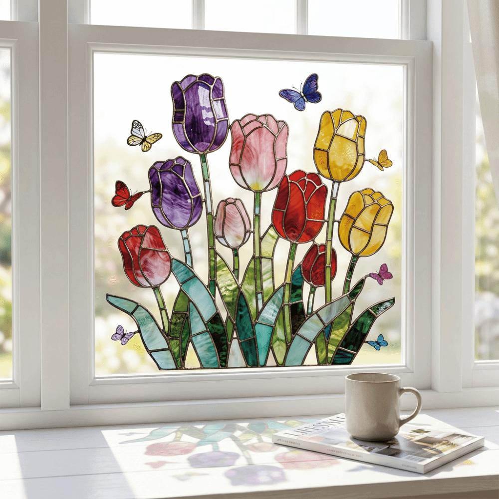 Waterproof Tulip Glass Stickers Self-adhesive Butterfly Wall Stickers Bedroom